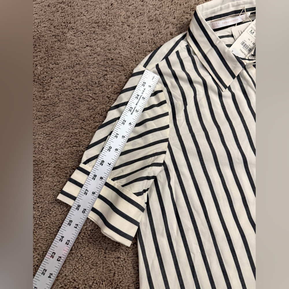 Zara Button Shirt Women size Medium Black Stripe Collar Short Sleeve Top - Picture 4 of 8